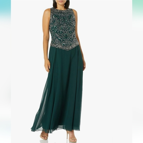 Jkara Hunter Green Beaded Top Sleeveless Gown with Crepe Skirt & Scarf Size 6 - Picture 1 of 10